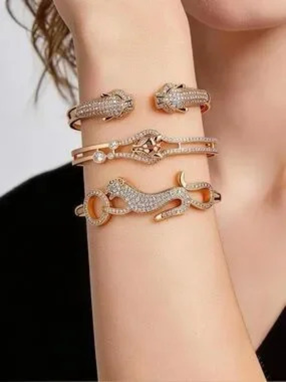 Anthropologie Rose Gold Crystal Panther Stackable Bangle Set